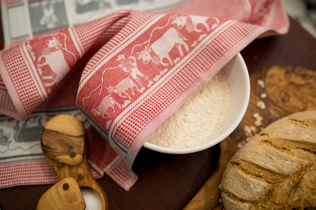 Swiss Cows Jacquard Woven Kitchen Tea Towel - Red - Crystal Arrow