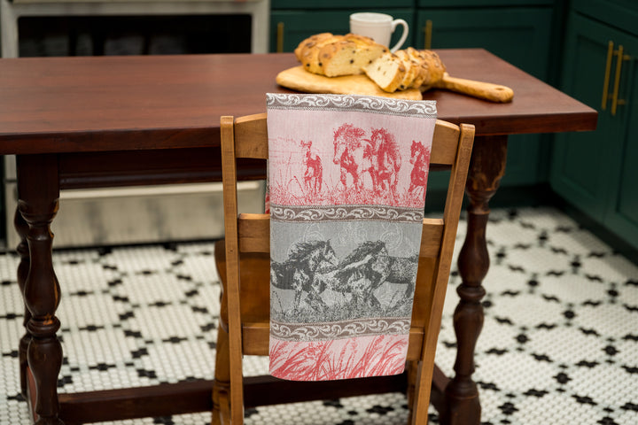 Mustang Stampede Jacquard Woven Kitchen Tea Towel - Red - Crystal Arrow