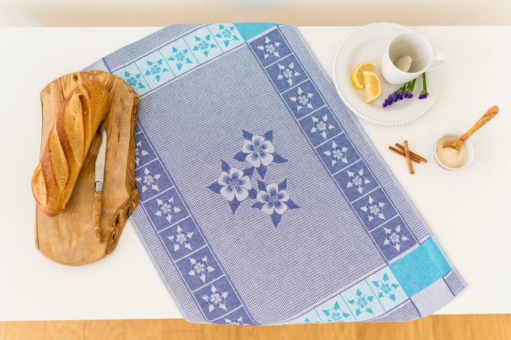 Columbine Flower Jacquard Woven Kitchen Tea Towel - Dark Blue / Turquoise - Crystal Arrow