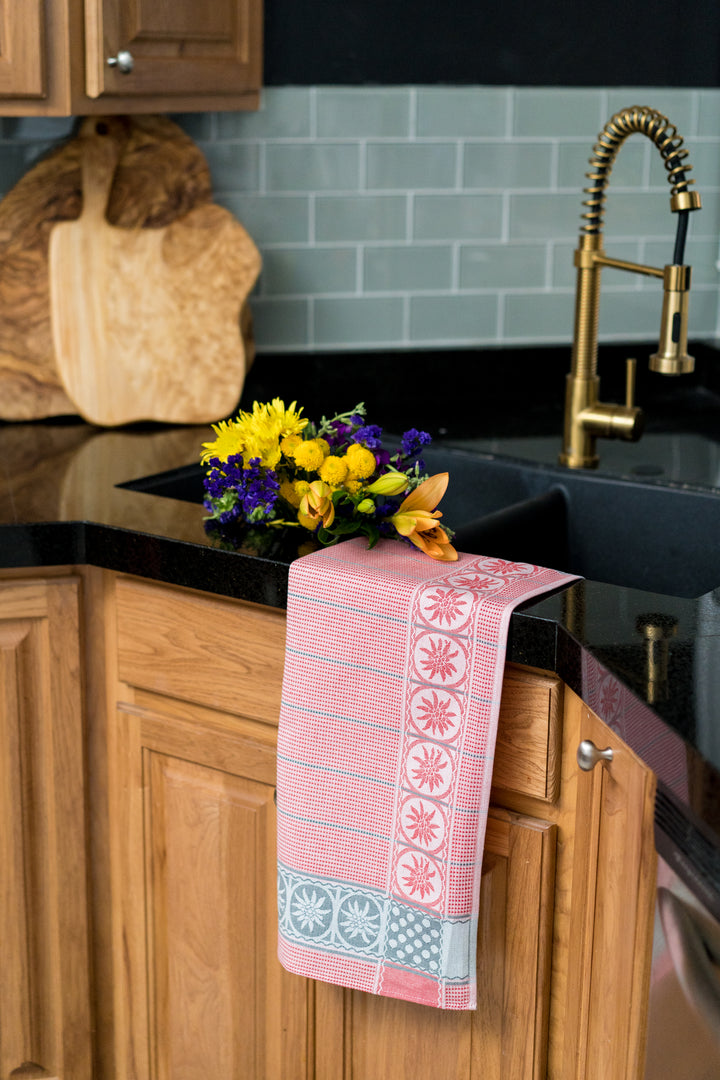 Edelweiss Border Jacquard Woven Kitchen Tea Towel - Red - Crystal Arrow