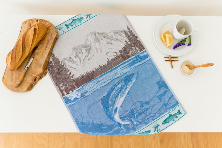 Fishing Jacquard Woven Kitchen Tea Towel - Brown Blue and Green - Crystal Arrow