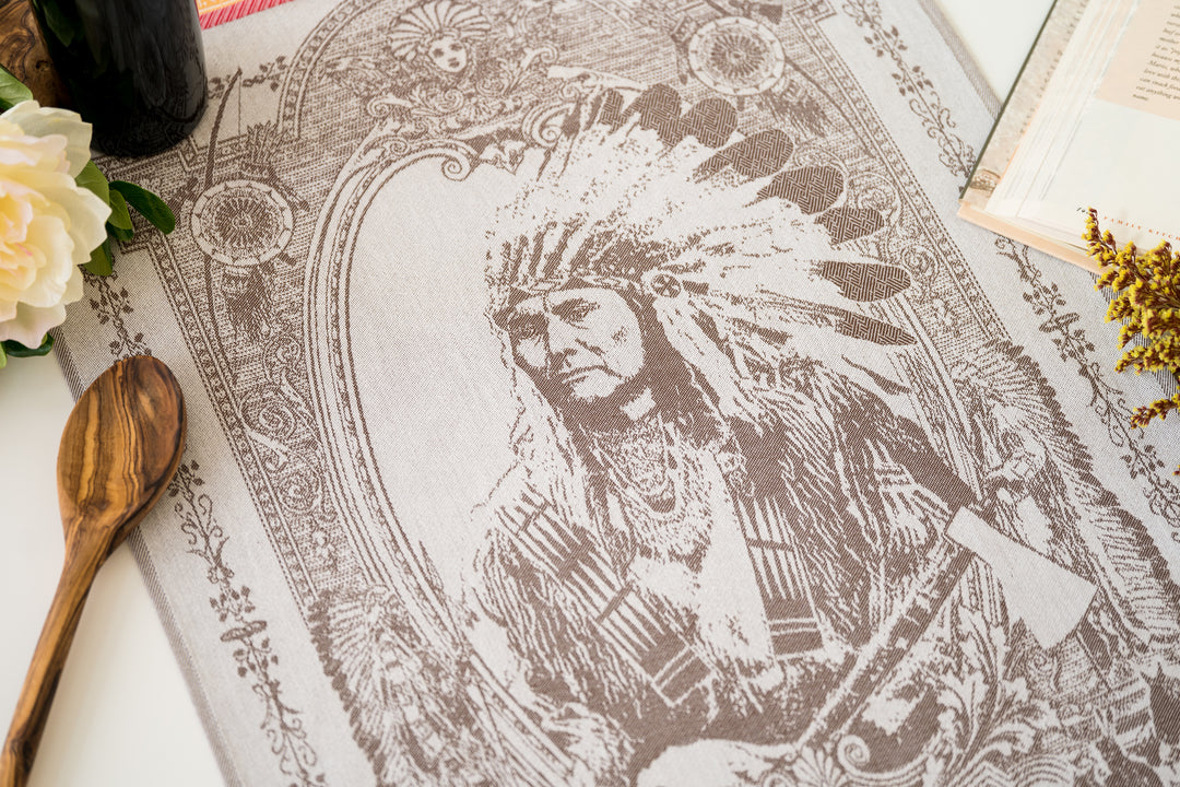 Indian Chief Jacquard Woven Kitchen Tea Towel - Dark Brown - Crystal Arrow