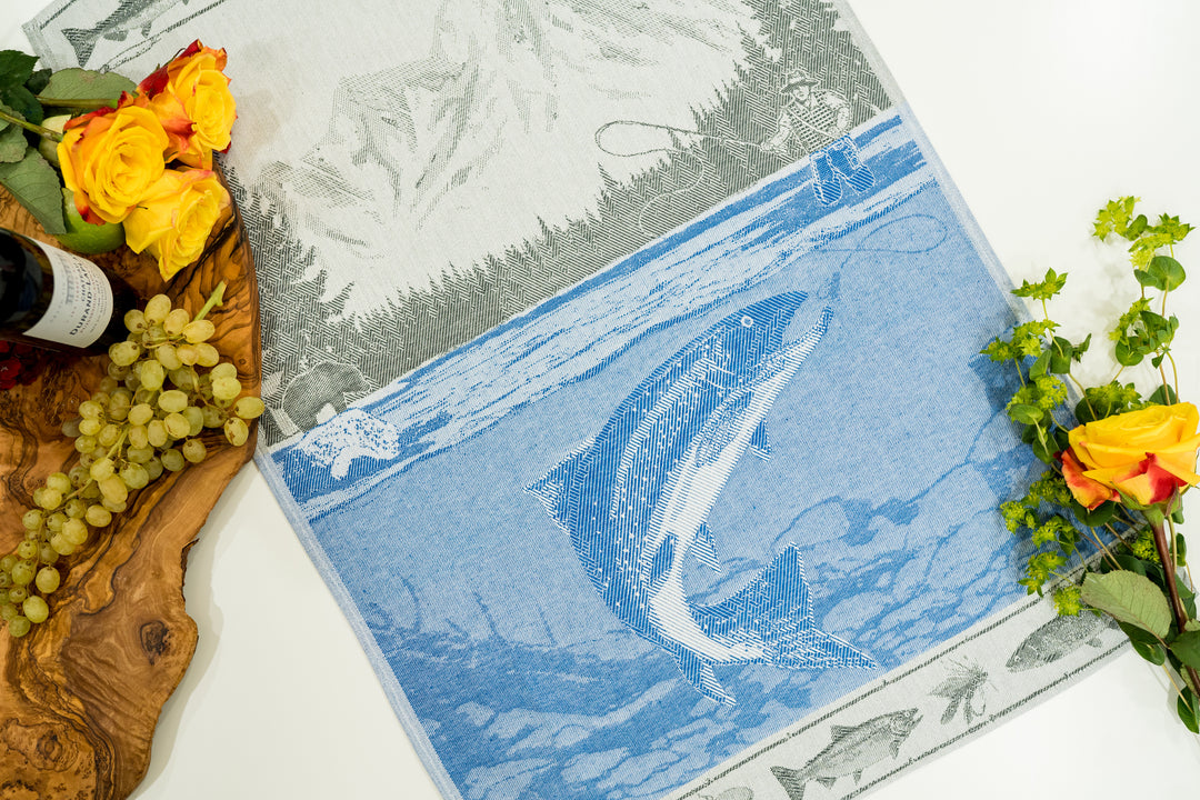 Fishing Jacquard Woven Luxury Kitchen Tea Towel - Gray and Blue – Crystal  Arrow Jacquard Tea Towels
