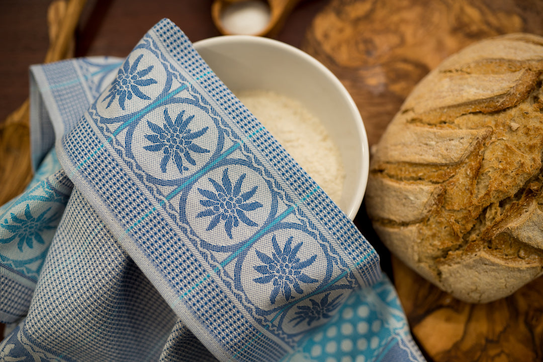 Edelweiss Border Jacquard Woven Kitchen Tea Towel - Blue - Crystal Arrow
