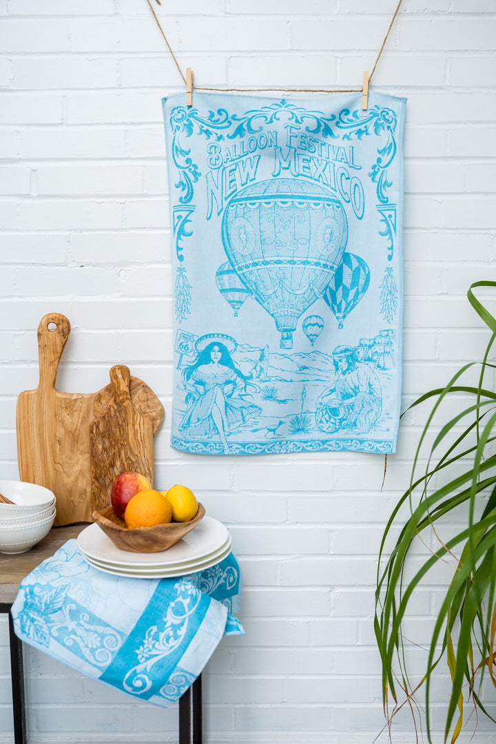 Hot Air Balloon Jacquard Woven Kitchen Tea Towel - Turquoise - Crystal Arrow