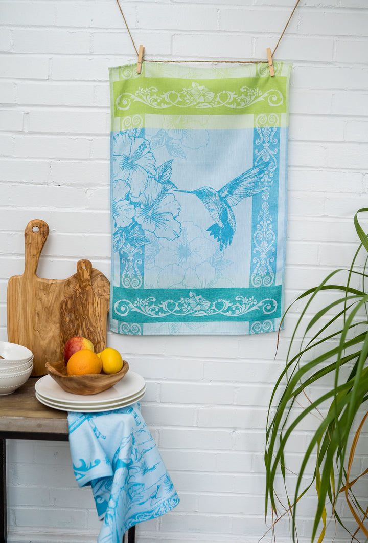 Hummingbird Jacquard Woven Kitchen Tea Towel - Turquoise with Green - Crystal Arrow