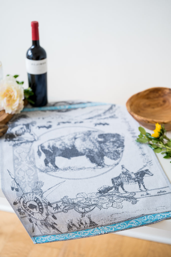 Bison / Buffalo Jacquard Woven Kitchen Tea Towel - Black / Turquoise - Crystal Arrow