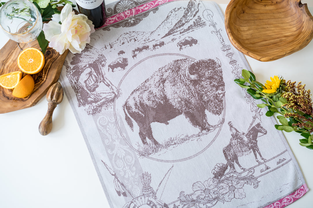 Bison / Buffalo Jacquard Woven Kitchen Tea Towel - Brown / Rose - Crystal Arrow