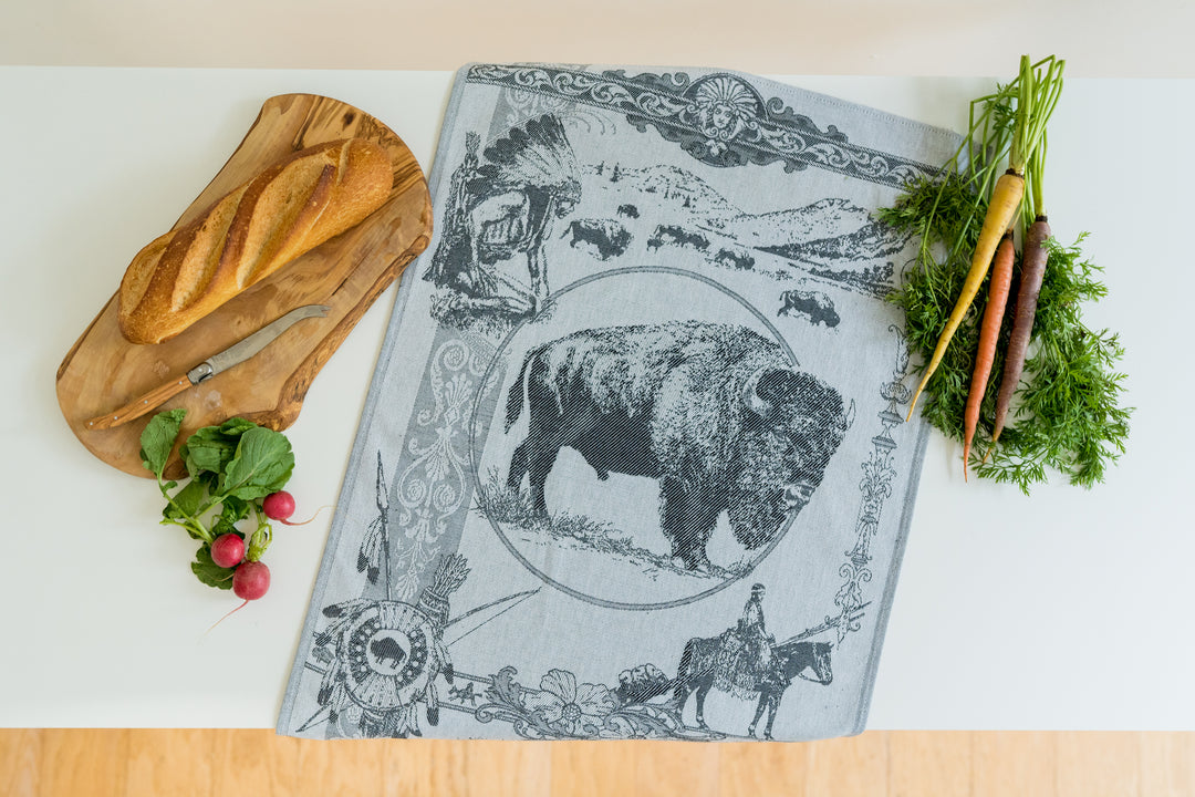 Bison / Buffalo Jacquard Woven Kitchen Tea Towel - Black - Crystal Arrow
