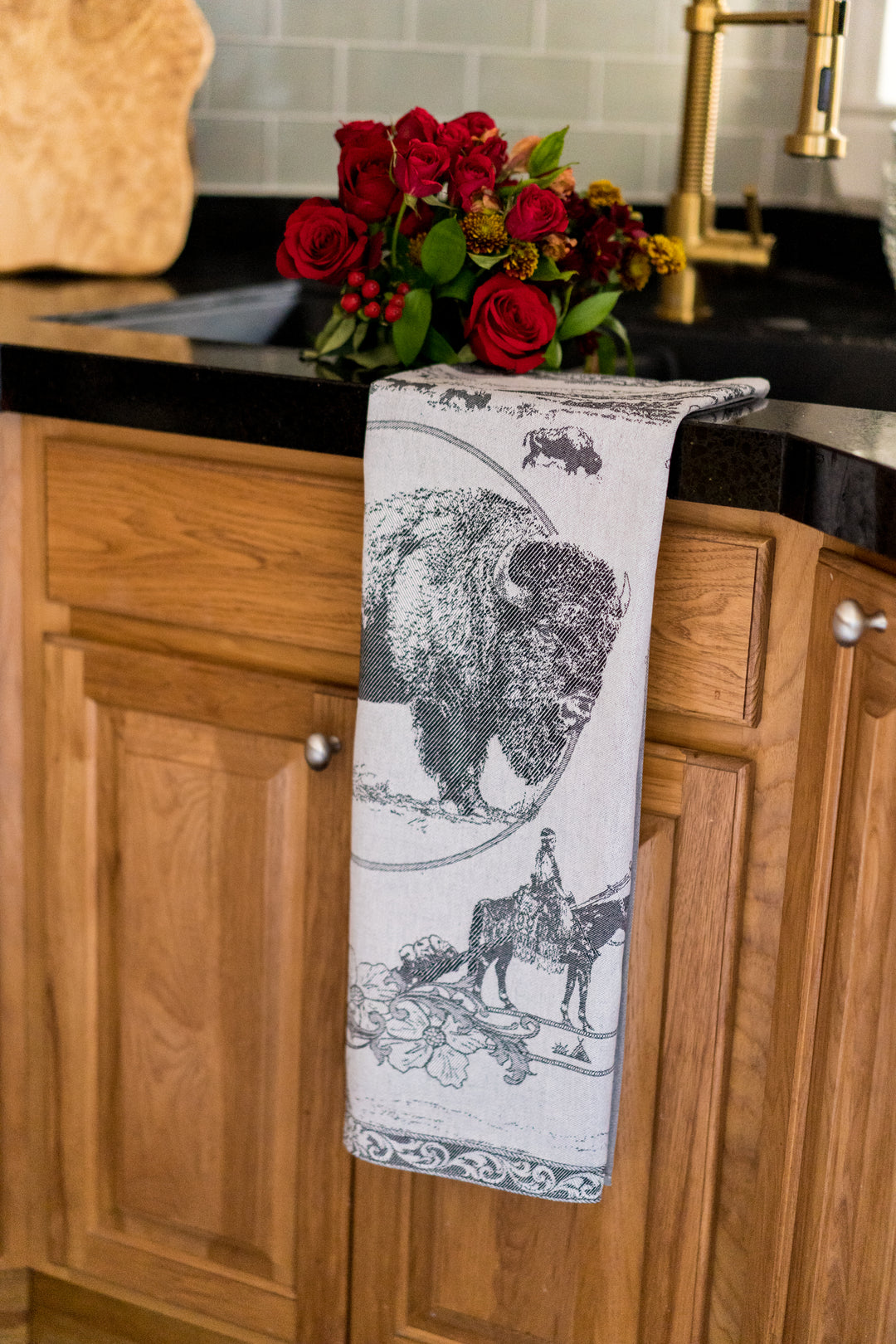 Bison / Buffalo Jacquard Woven Kitchen Tea Towel - Black - Crystal Arrow