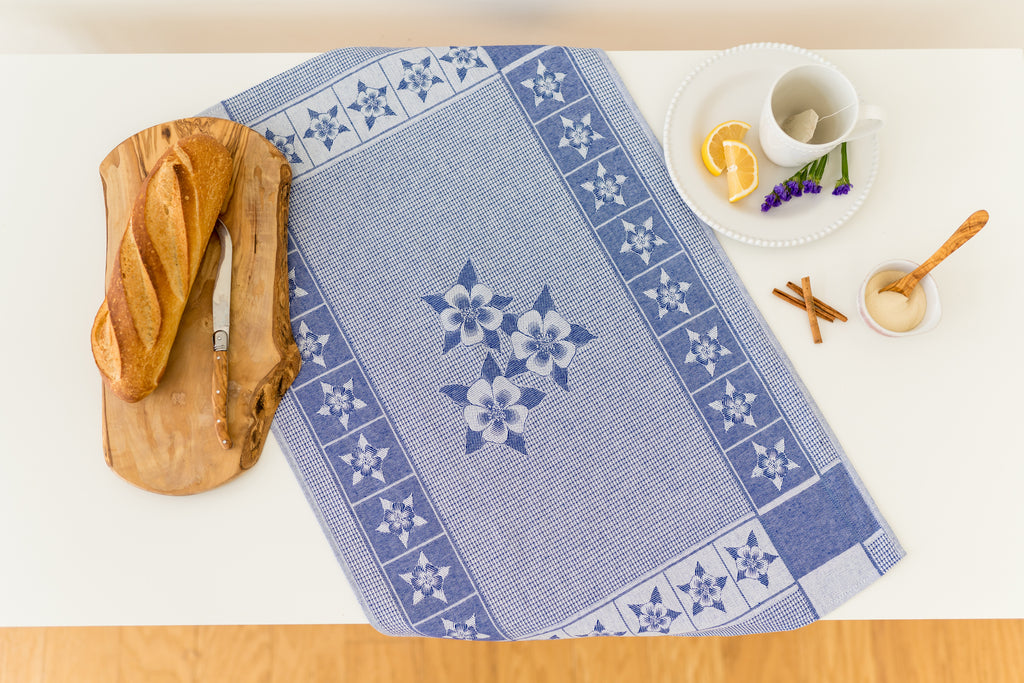 Columbine Flower Jacquard Woven Kitchen Tea Towel - Dark Blue - Crystal Arrow