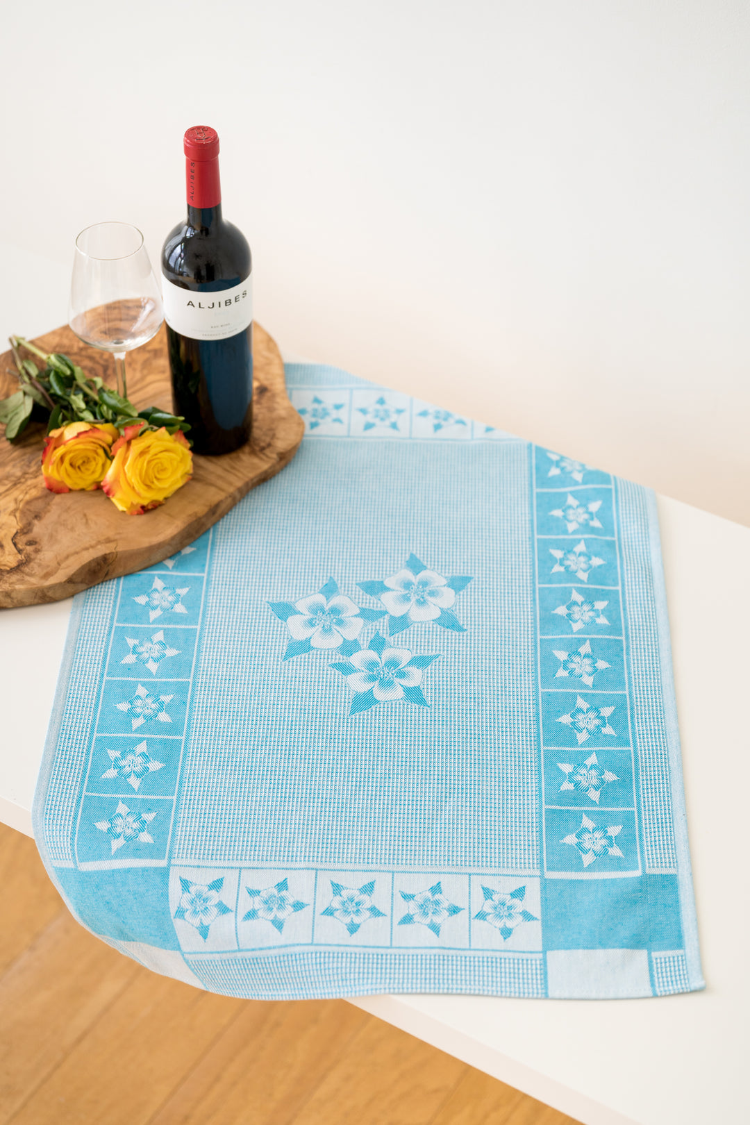 Columbine Flower Jacquard Woven Kitchen Tea Towel - Turquoise - Crystal Arrow