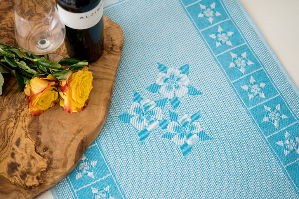 Columbine Flower Jacquard Woven Kitchen Tea Towel - Turquoise - Crystal Arrow