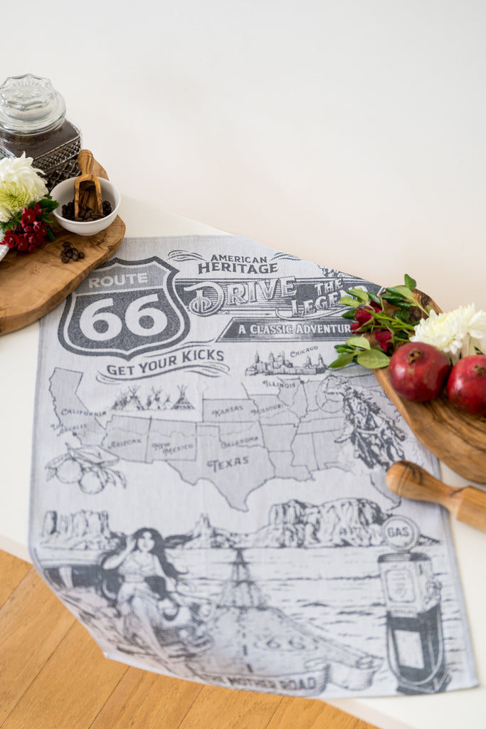 Route 66 Jacquard Woven Kitchen Tea Towel - Black - Old Highway 66 Sign - Crystal Arrow