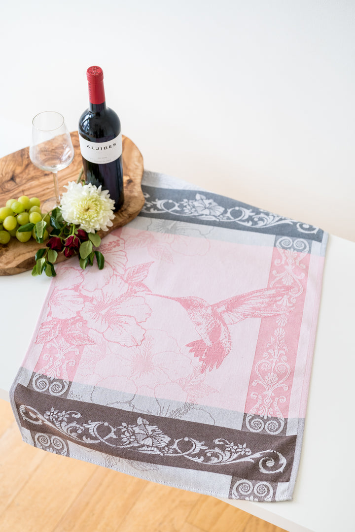 Hummingbird Jacquard Woven Kitchen Tea Towel - Pink with Gray and Brown Border - Crystal Arrow