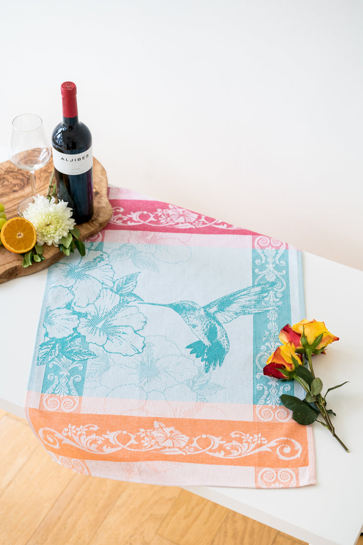 Hummingbird Jacquard Woven Kitchen Tea Towel - Teal with Orange and Red - Crystal Arrow