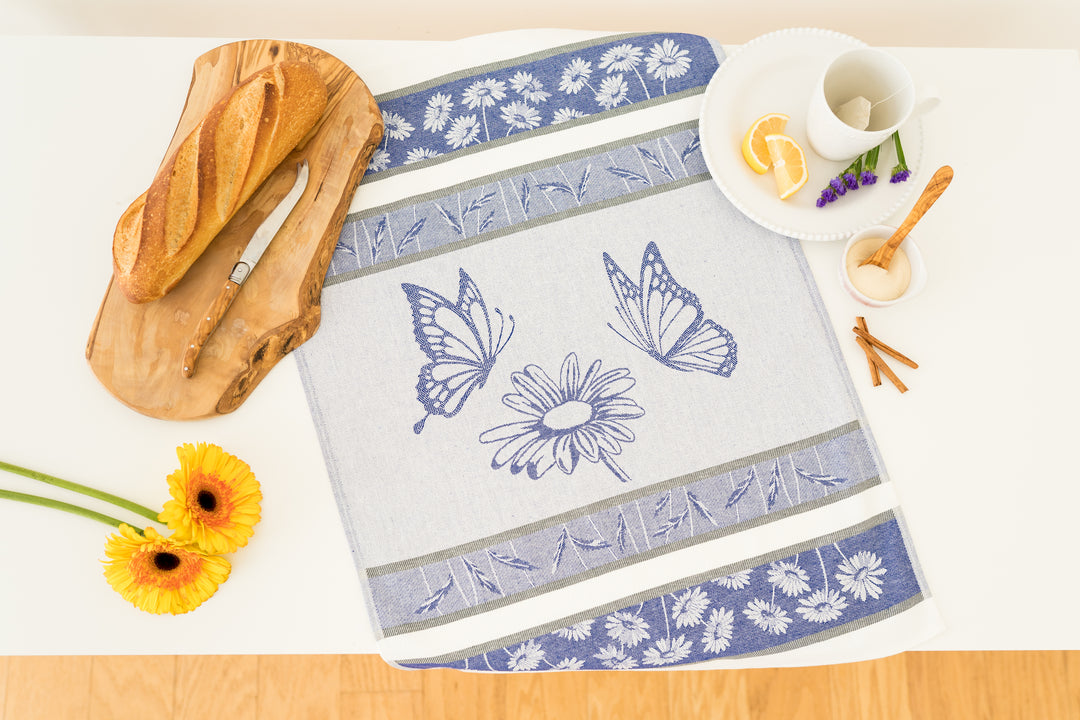 Daisy with Butterflies Jacquard Luxury Woven Kitchen Tea Towels - Dark Blue  – Crystal Arrow Jacquard Tea Towels