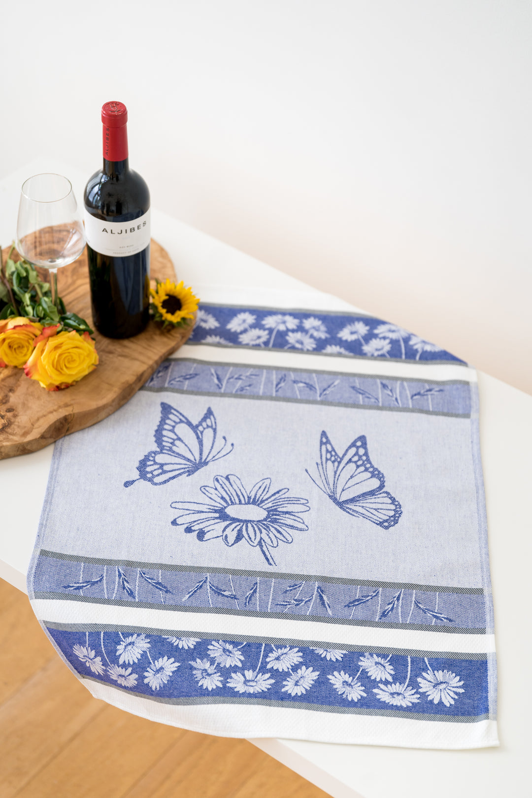 Daisy with Butterflies Jacquard Woven Kitchen Tea Towel - Dark Blue - Crystal Arrow