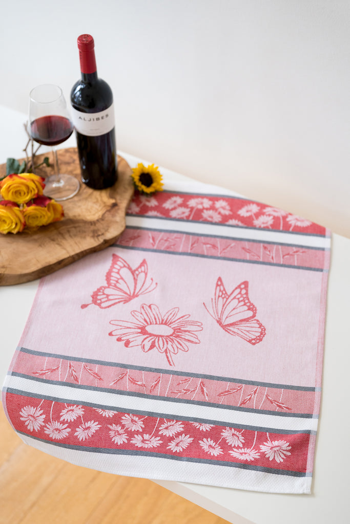 Daisy with Butterflies Jacquard Woven Kitchen Tea Towel - Red - Crystal Arrow