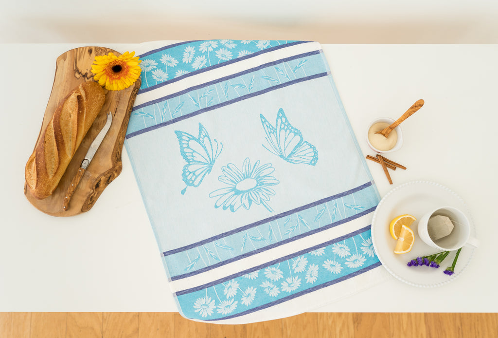 Daisy with Butterflies Jacquard Woven Kitchen Tea Towel - Turquoise - Crystal Arrow