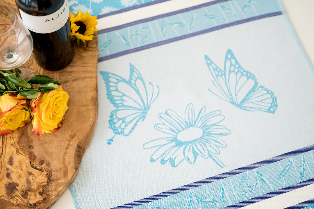 Daisy with Butterflies Jacquard Woven Kitchen Tea Towel - Turquoise - Crystal Arrow