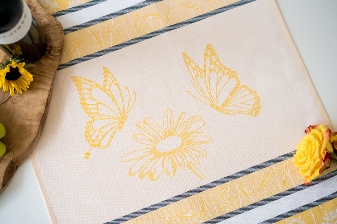 Daisy with Butterflies Jacquard Woven Kitchen Tea Towel - Yellow - Crystal Arrow