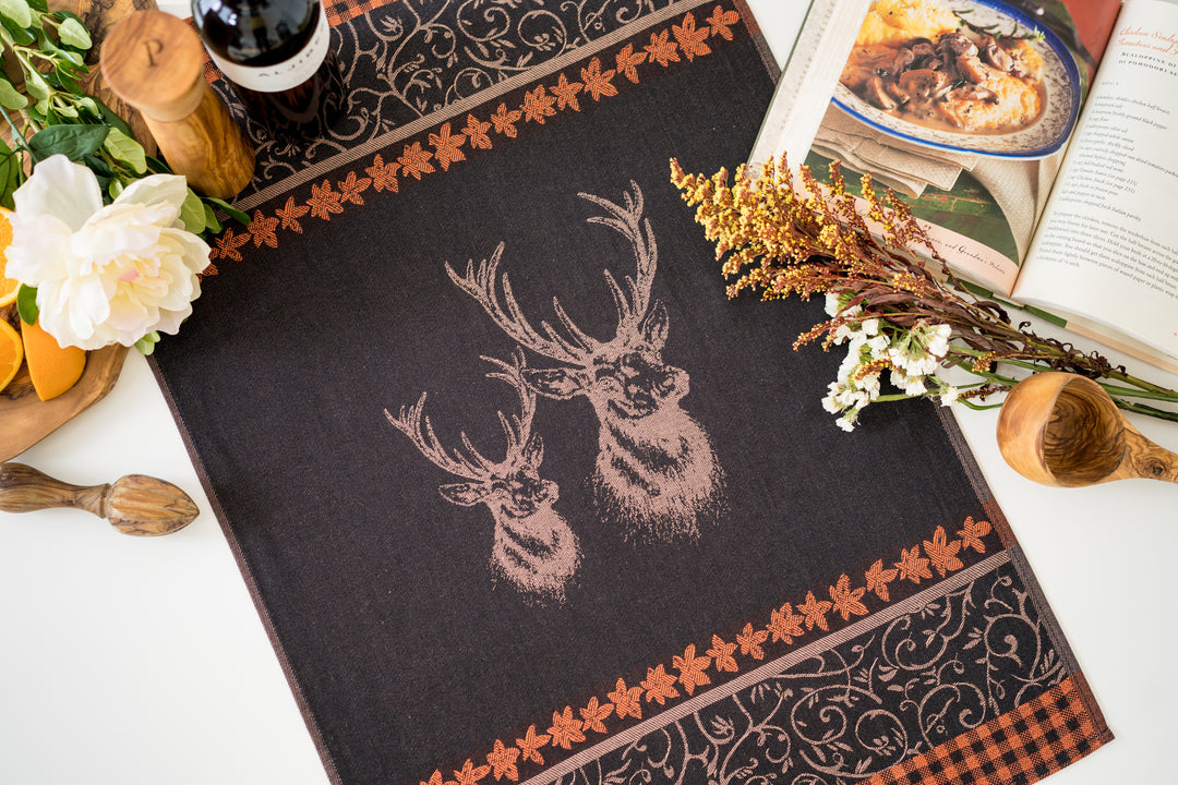Elk Jacquard Woven Kitchen Tea Towel - Black - Crystal Arrow