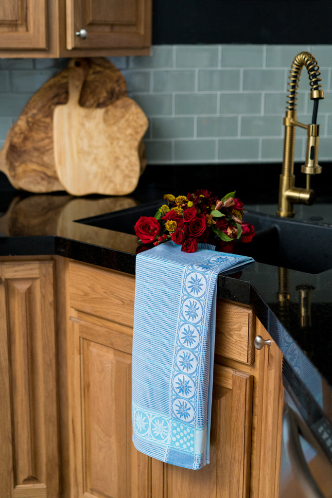 Edelweiss Border Jacquard Woven Kitchen Tea Towel - Blue - Crystal Arrow