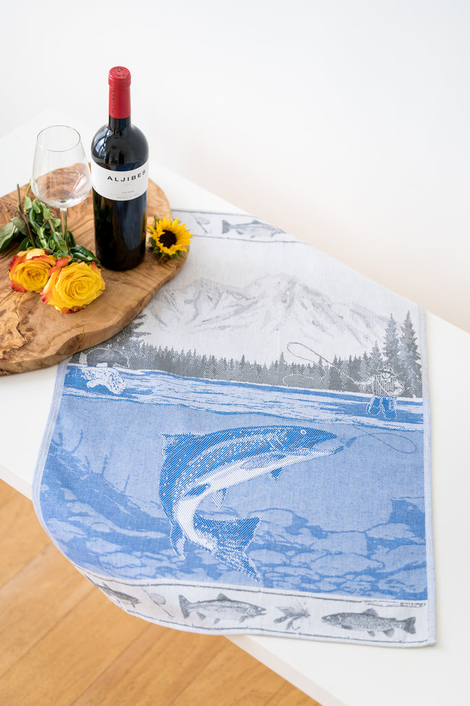 Fishing Jacquard Woven Kitchen Tea Towel - Gray and Blue - Crystal Arrow