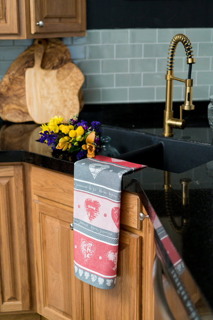 Hearts Jacquard Woven Kitchen Tea Towel - Red - Crystal Arrow