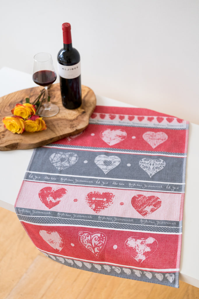 Hearts Good Luck German Jacquard Woven Kitchen / Tea Towel - Red - Crystal Arrow