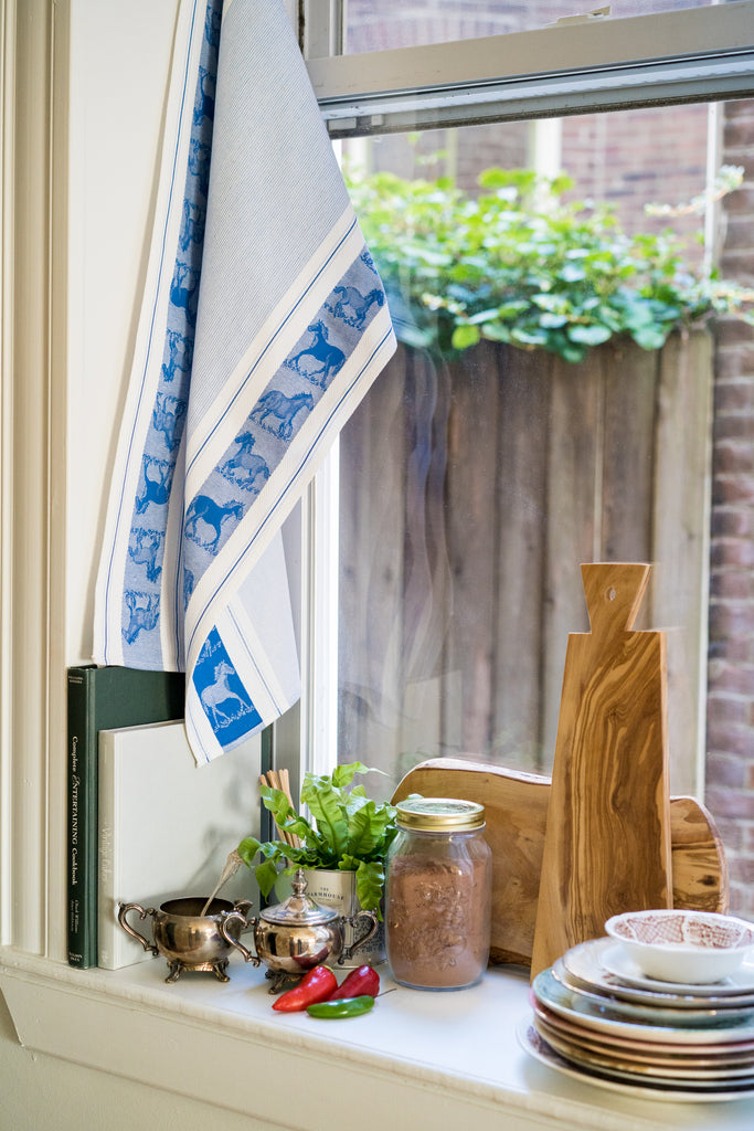 Horses Jacquard Woven Kitchen Tea Towel - Blue - Crystal Arrow