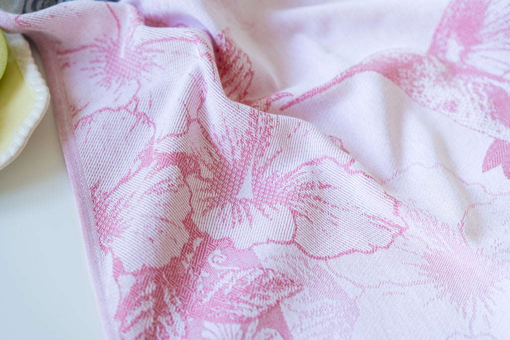 Hummingbird Jacquard Woven Kitchen Tea Towel - Pink with Gray and Brown - Crystal Arrow