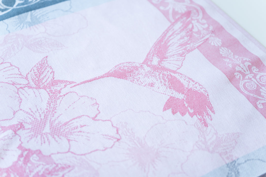 Hummingbird Jacquard Woven Kitchen Tea Towel - Pink with Gray and Brown - Crystal Arrow