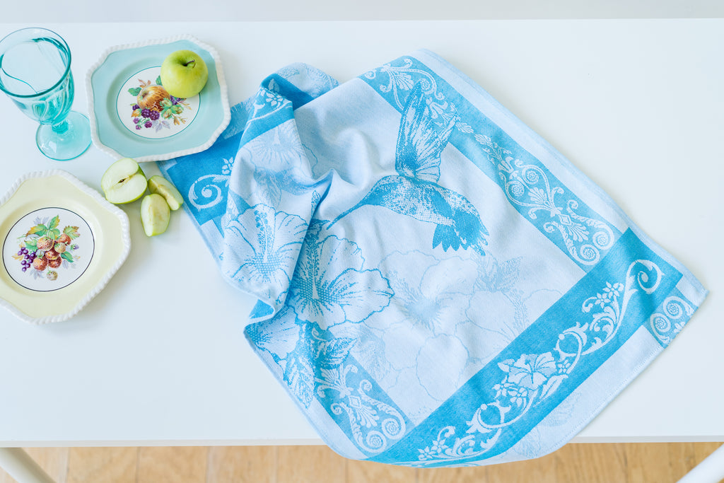 Hummingbird Jacquard Woven Kitchen Tea Towel - Turquoise - Crystal Arrow
