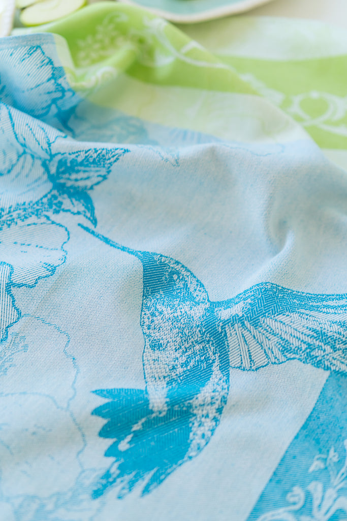 Hummingbird Jacquard Woven Kitchen Tea Towel - Turquoise with Green - Crystal Arrow