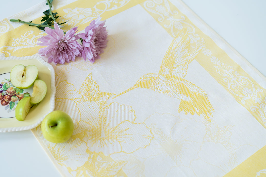 Hummingbird Jacquard Woven Kitchen Tea Towel - Yellow - Crystal Arrow