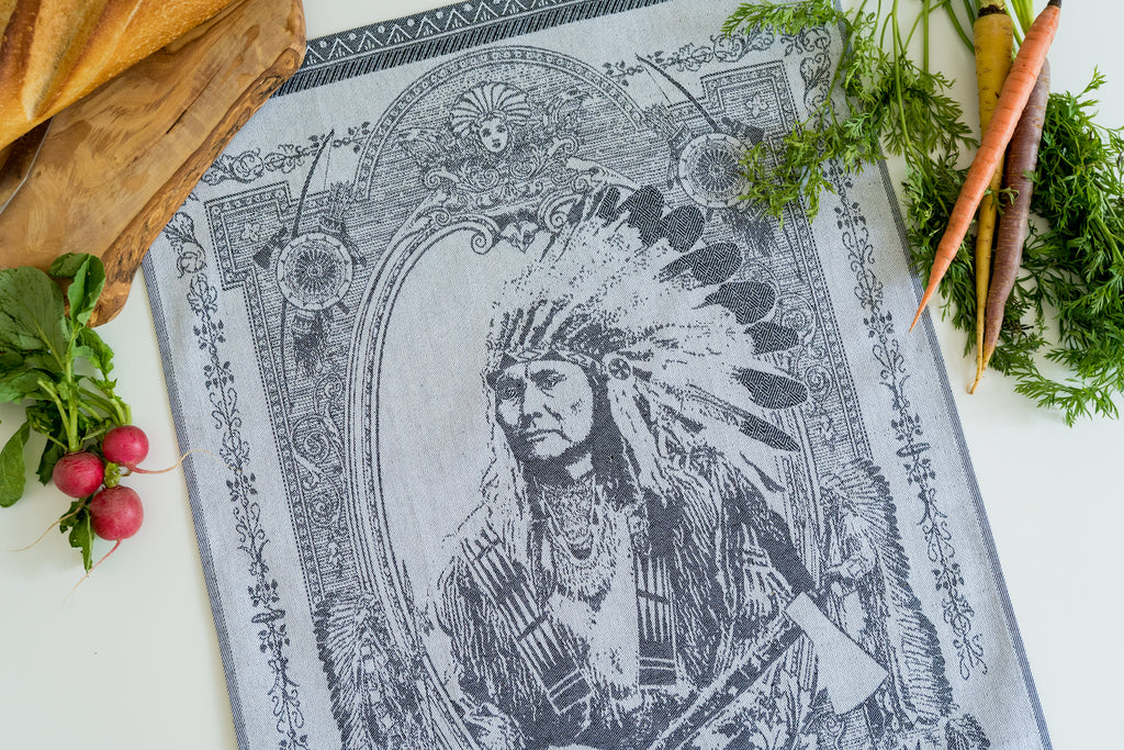 Indian Chief Jacquard Woven Kitchen Tea Towel - Black - Crystal Arrow