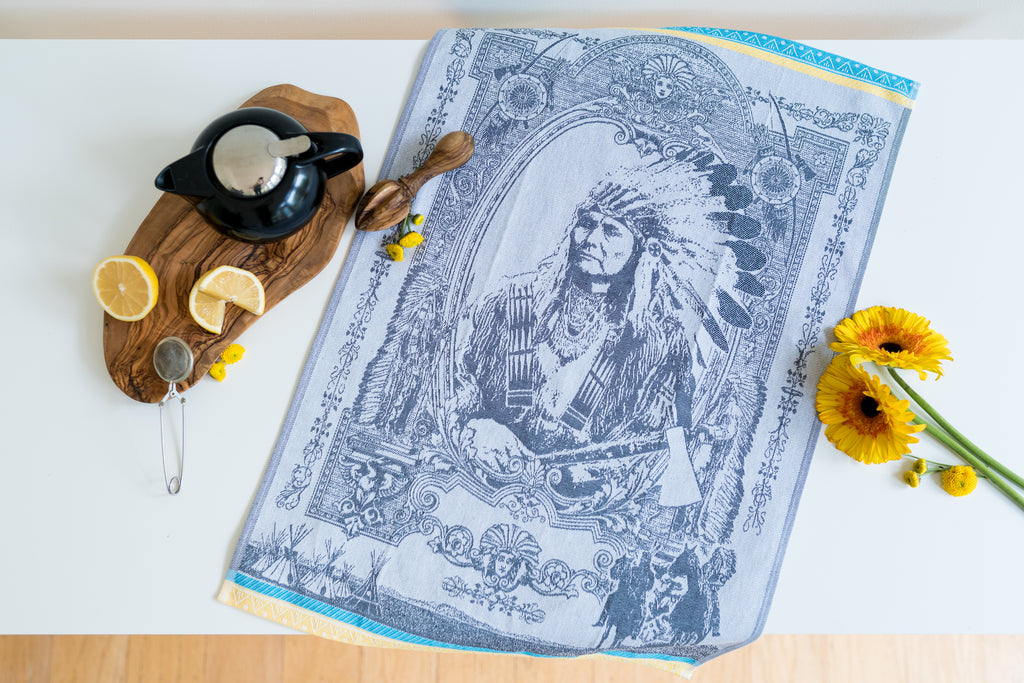 Indian Chief Jacquard Woven Kitchen Tea Towel - Black with Turquoise and Yellow - Crystal Arrow