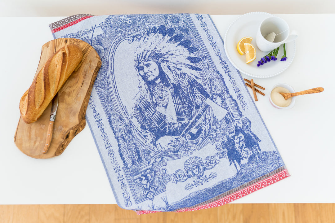 Indian Chief Jacquard Woven Kitchen Tea Towel - Dark Blue - Crystal Arrow