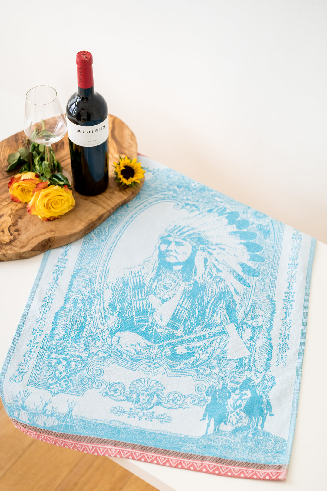 Indian Chief Jacquard Woven Kitchen Tea Towel - Turquoise - Crystal Arrow