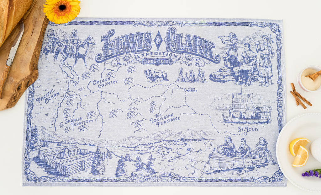 Lewis & Clark Expedition Jacquard Woven Kitchen Tea Towel - Blue - Crystal Arrow