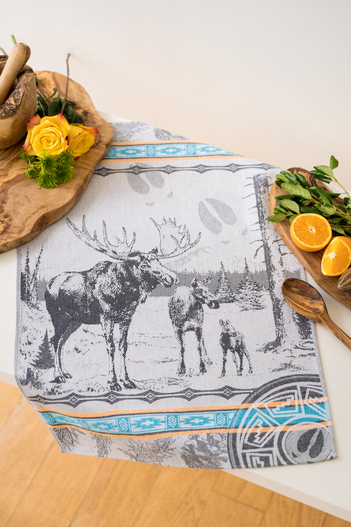 Moose Jacquard Woven Kitchen Tea Towel - Black with Turquoise and Yellow - Crystal Arrow