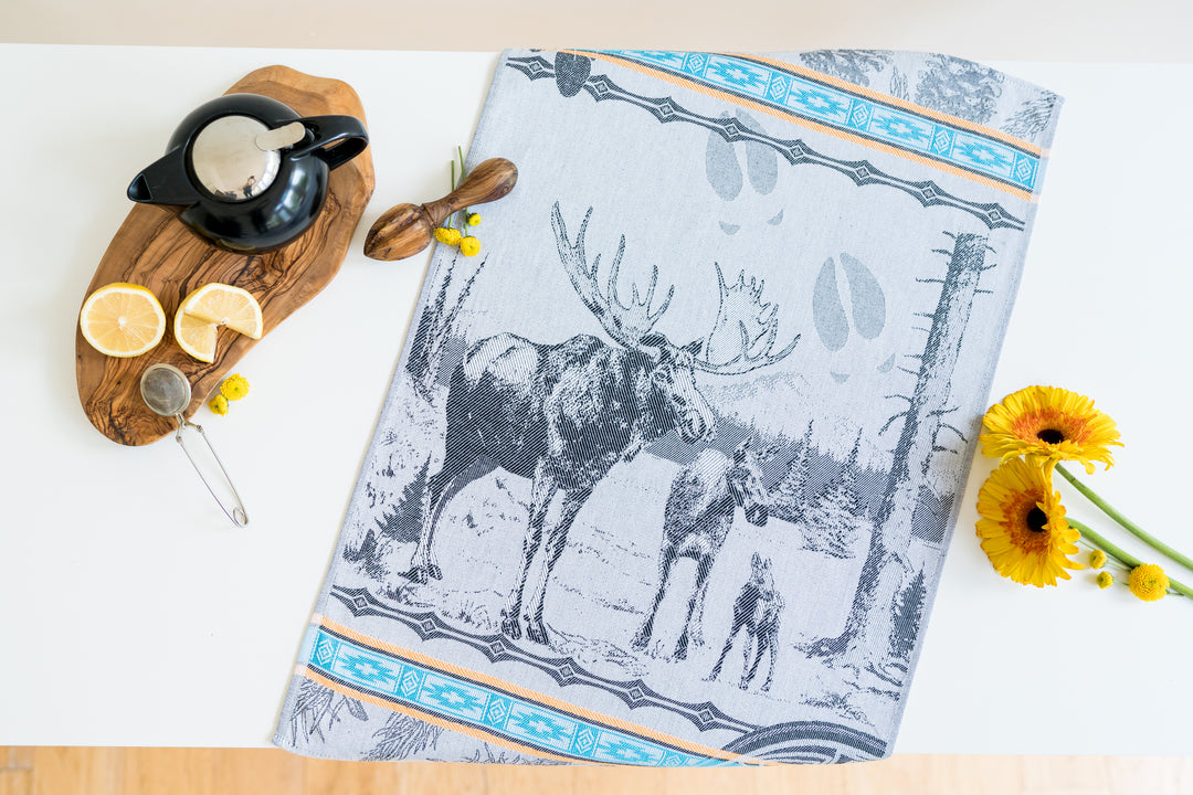 Moose Jacquard Tea Towel - Black with Turquoise and Yellow – Crystal Arrow  Jacquard Tea Towels