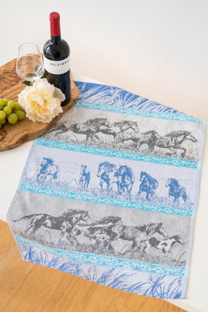 Mustang Stampede Jacquard Woven Kitchen Tea Towel - Blue - Crystal Arrow