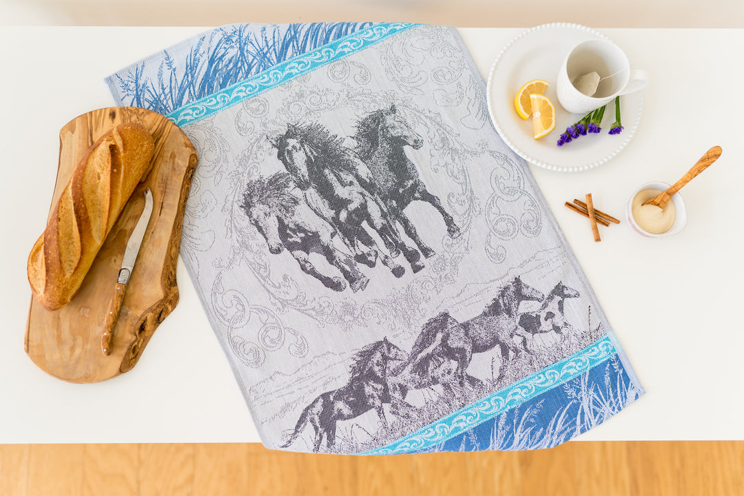 Mustang Trio Jacquard Woven Kitchen Tea Towel - Blue - Crystal Arrow