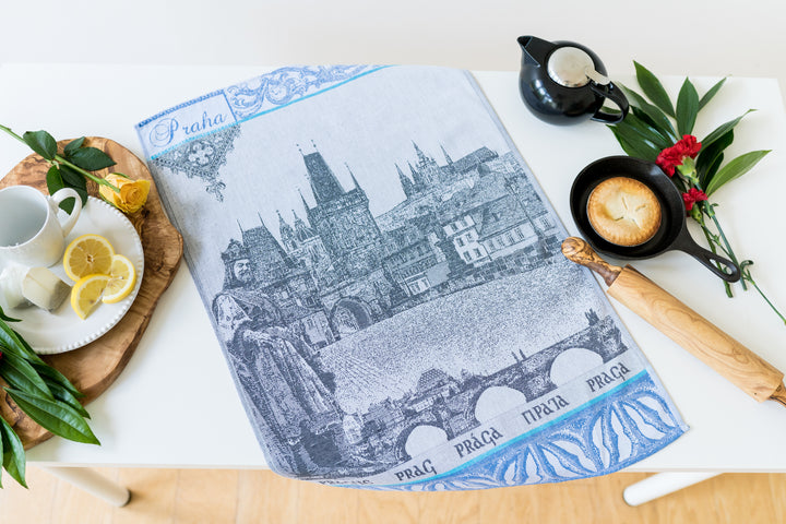Prague Jacquard Woven Kitchen Tea Towel - Black / Blue - Crystal Arrow