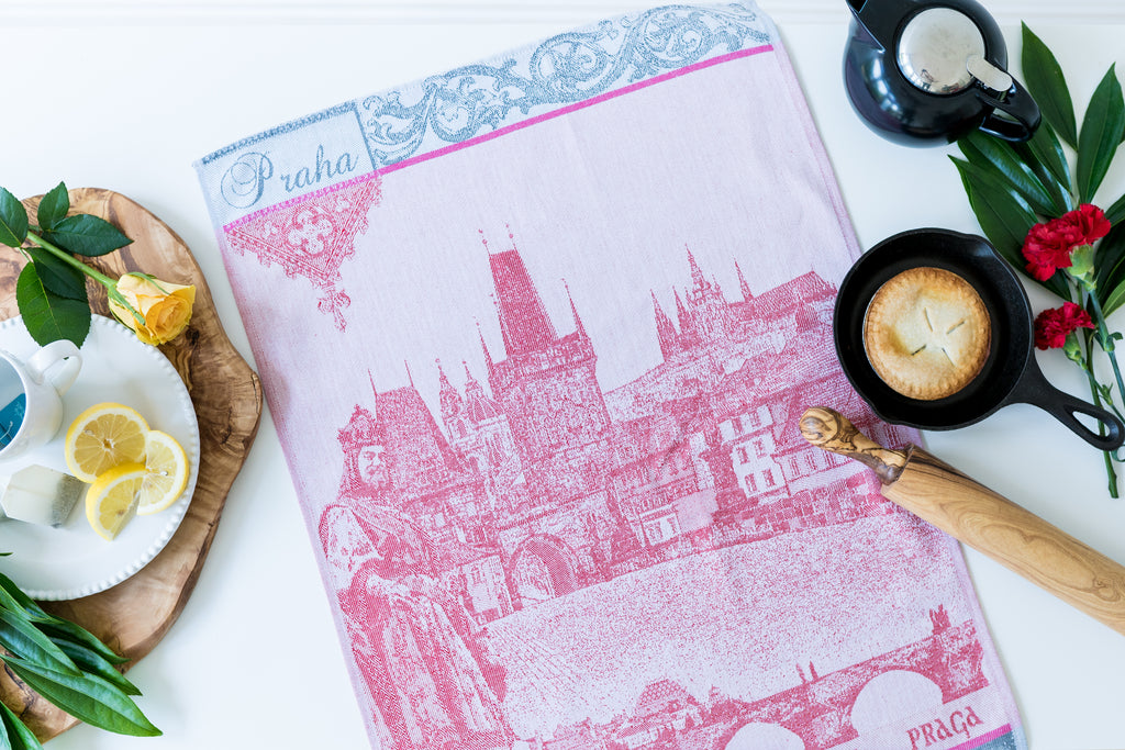 Prague Jacquard Woven Kitchen Tea Towel - Red - Crystal Arrow