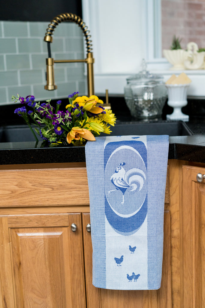 Rooster Jacquard Woven Kitchen Tea Towel - Blue - Crystal Arrow