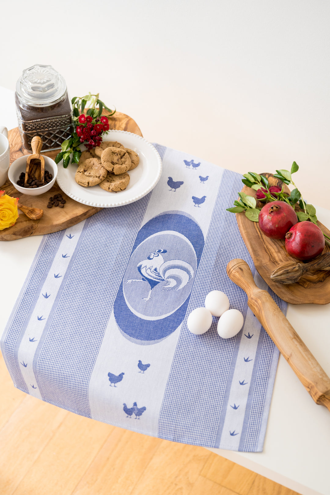 Rooster Jacquard Woven Kitchen Tea Towel - Blue - Crystal Arrow